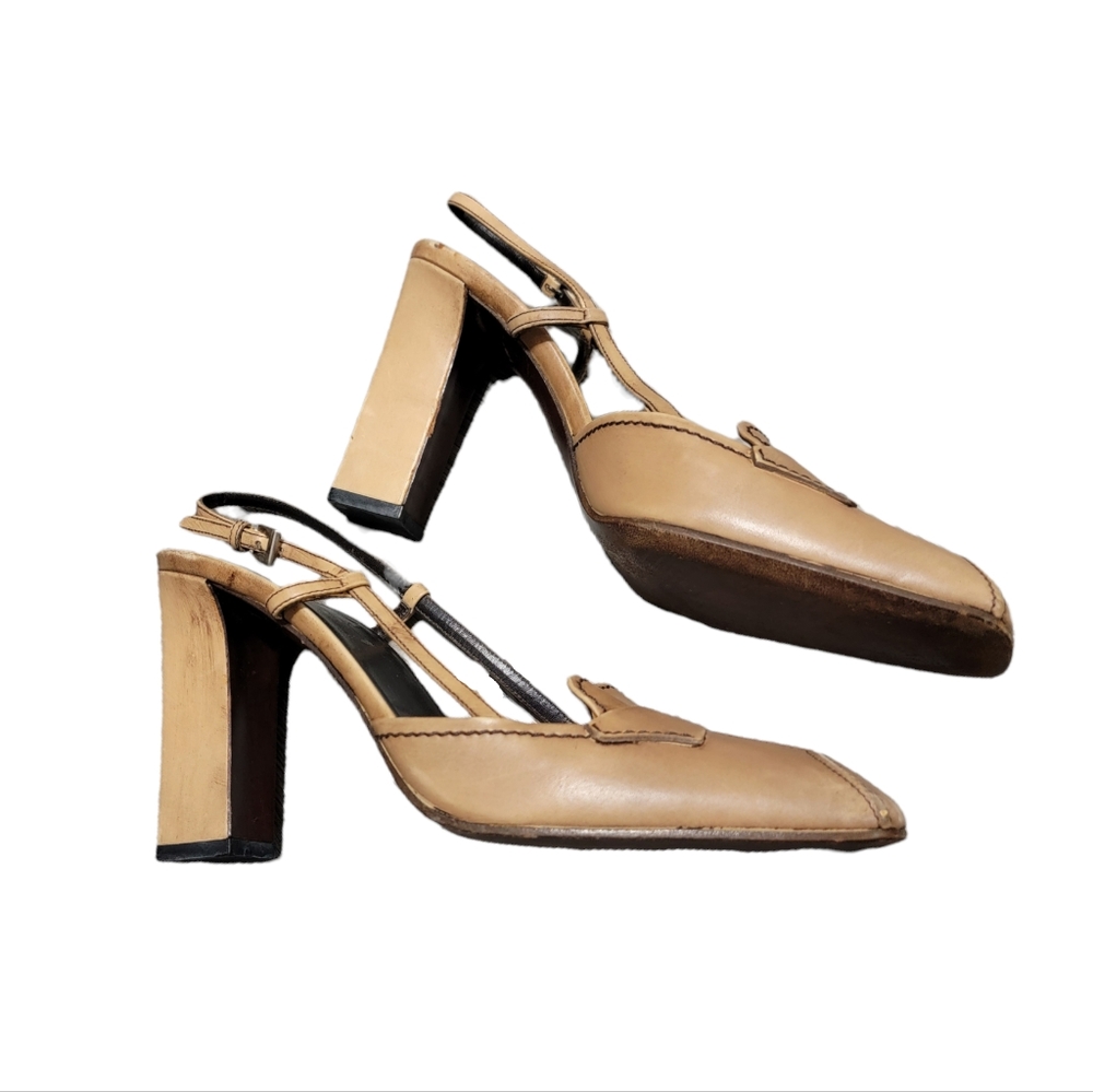 Prada Leather Slingback Closed Toe Tan Beige Heel 38 - Picture 4 of 7
